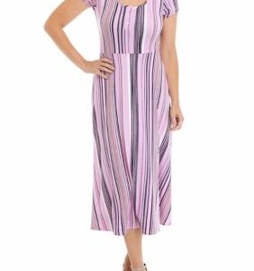 52seven Women's Short Sleeve Stripe Printed Midi Dress