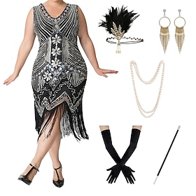 6 Pcs Flapper Dress with Accessories S-4XL Plus Size 1920s Cocktail Dress Feather Headband Earings Necklace Gloves Plastic Cigarette Holder Sequins Tassel Frin