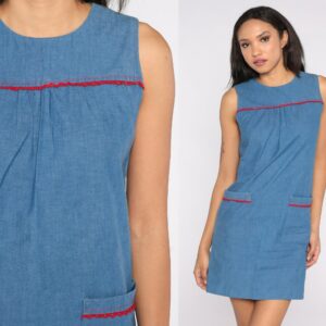 60S Mod Mini Dress Blue Smock Shift Sleeveless 1960S Gogo Vintage Sixties Twiggy Plain Minidress Pocket Day Extra Small Xs