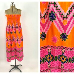 60S Orange Smocked Neon Kamehameha Dress Bright Hawaii Pink Maxi Strapless Psychedelic Vintage Boho Hippie Party Sundress Sun