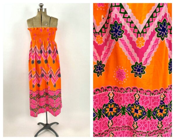 60S Orange Smocked Neon Kamehameha Dress Bright Hawaii Pink Maxi Strapless Psychedelic Vintage Boho Hippie Party Sundress Sun