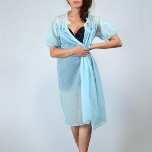 60S Sheer Blue Peignoir Robe - S To M | Vintage Short Negligee Babydoll Puff Sleeve Dressing Gown, Small Medium