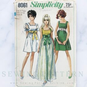 60S Simplicity 8061. 35 Bust. Mod Retro Empire Waist Dress Full Gathered Skirt Puff Sleeve Prom Bow 1960S Vintage Sewing Pattern