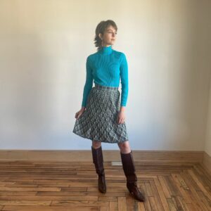 60S Wool Midi Skirt Gray Pink Blue Plaid Fall Dark Academia High Waist Pleated