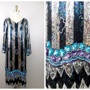 70S Art Deco Sequin Dress // 1970's Black & Mirror Silver Striped Beaded Long Sleeve Gatsby Flapper