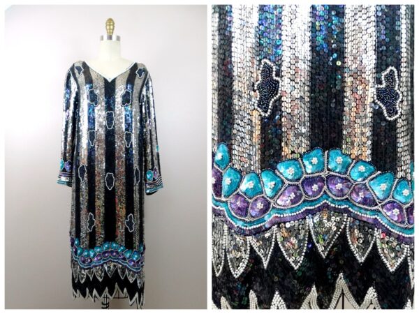 70S Art Deco Sequin Dress // 1970's Black & Mirror Silver Striped Beaded Long Sleeve Gatsby Flapper