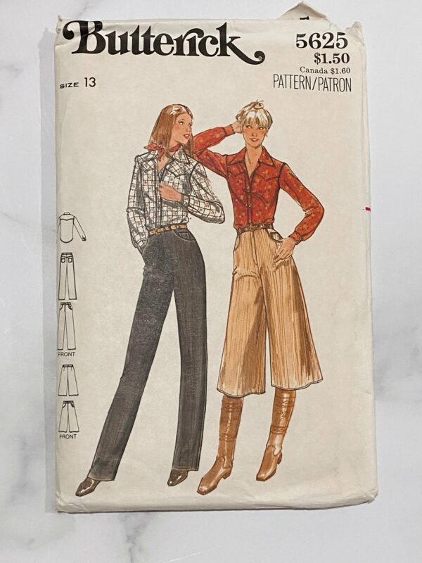 70S Butterick 5625. 26 Waist. Retro Slim Straight Leg Pants Jeans Or Wide Culottes. Western Collar Shirt 1970S Vintage Sewing Pattern