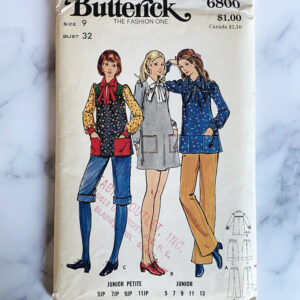 70S Butterick 6800. 32 Bust Retro Mod Smock Collar Bow Tie Dress Puff Sleeves Tunic Pants 1970S Vintage Sewing Pattern Schoolgirl | Read Desc