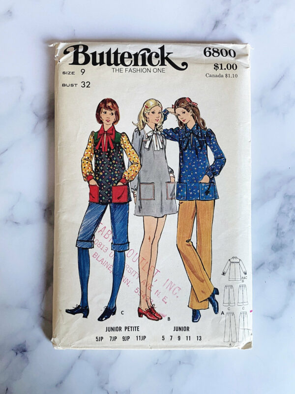 70S Butterick 6800. 32 Bust Retro Mod Smock Collar Bow Tie Dress Puff Sleeves Tunic Pants 1970S Vintage Sewing Pattern Schoolgirl | Read Desc