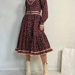 70S "Gunne Sax' Long Sleeve Burgundy Floral Peasant Dress/Small