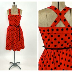 70S Lanz Red Polka Dot Dress Full Skirt Black Midi Sundress Garden Party Open Back Criss Cross Vintage Sun Xs S