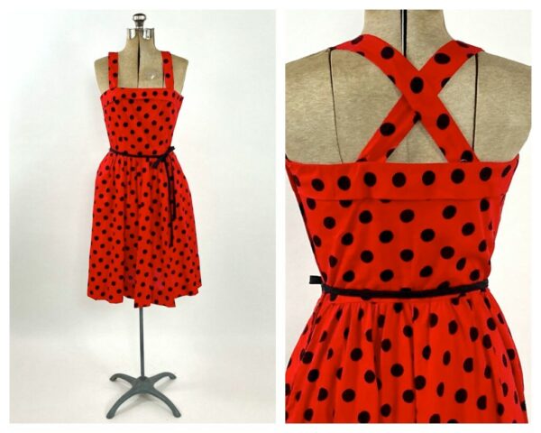 70S Lanz Red Polka Dot Dress Full Skirt Black Midi Sundress Garden Party Open Back Criss Cross Vintage Sun Xs S