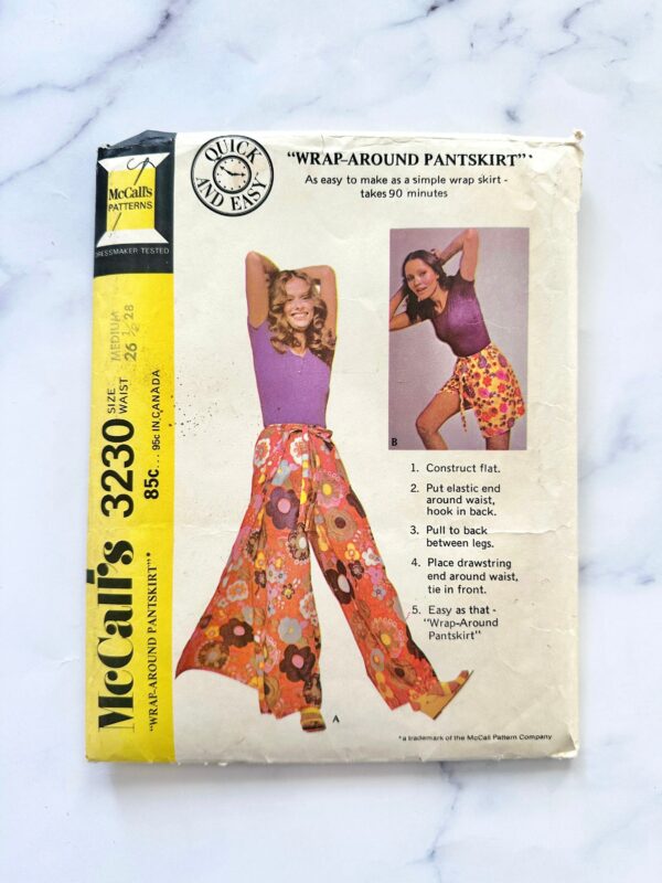 70S Mccalls 3230. Medium Palazzo Wide Leg Tie Front Pant Skirt. One Piece Wrap-Around Pants Beach Coverup Vintage Sewing Pattern