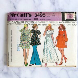 70S Mccalls 3495. 32.5 Bust. Retro Boho Collar Babydoll Dress Empire Waist. Short Puff Sleeves. Maxi Dress. 1970S Vintage Sewing Pattern