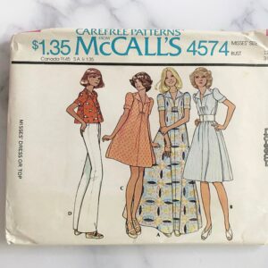 70S Mccalls 4574. 34 Bust Uncut Ff. Collar Babydoll Short Sleeve Shirt Dress Or Crop Top. Maxi Knee Length 1970S Vintage Sewing Pattern