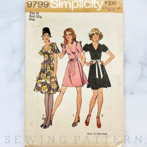 70S Simplicity 9799. 32.5 Bust Ff Retro Flutter Puff Short Sleeve Wrap Dress. Fit & Flared Knee Length Skirt. 1970S Vintage Sewing Pattern