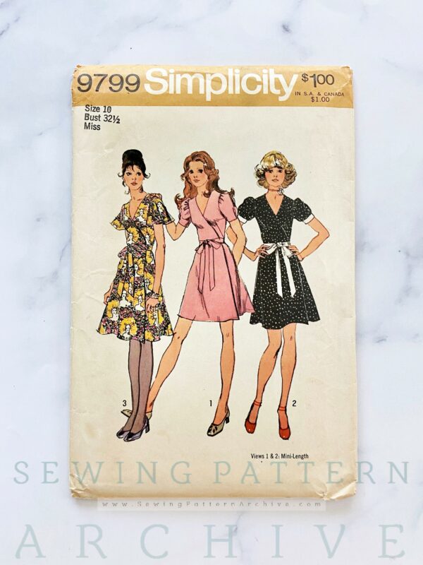 70S Simplicity 9799. 32.5 Bust Ff Retro Flutter Puff Short Sleeve Wrap Dress. Fit & Flared Knee Length Skirt. 1970S Vintage Sewing Pattern