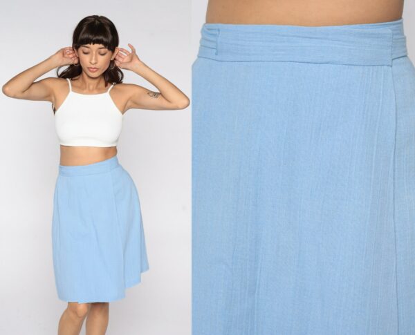 70S Wrap Skirt Powder Blue High Waisted Plain Mini Cotton Blend Boho 1970S Hippie Retro Vintage Bohemian Eco Simple Small S Xs