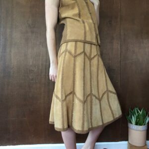 70's Two Piece Skirt & Vest Leather Panel Set, Vintage Set// M