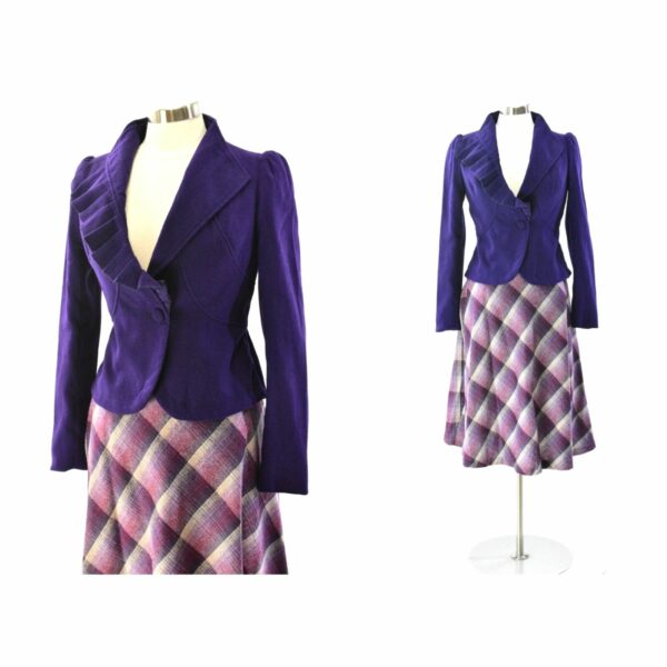 70's Vintage Meets Modern Skirt Suit Womens S Purple Peplum Waist Blazer in White