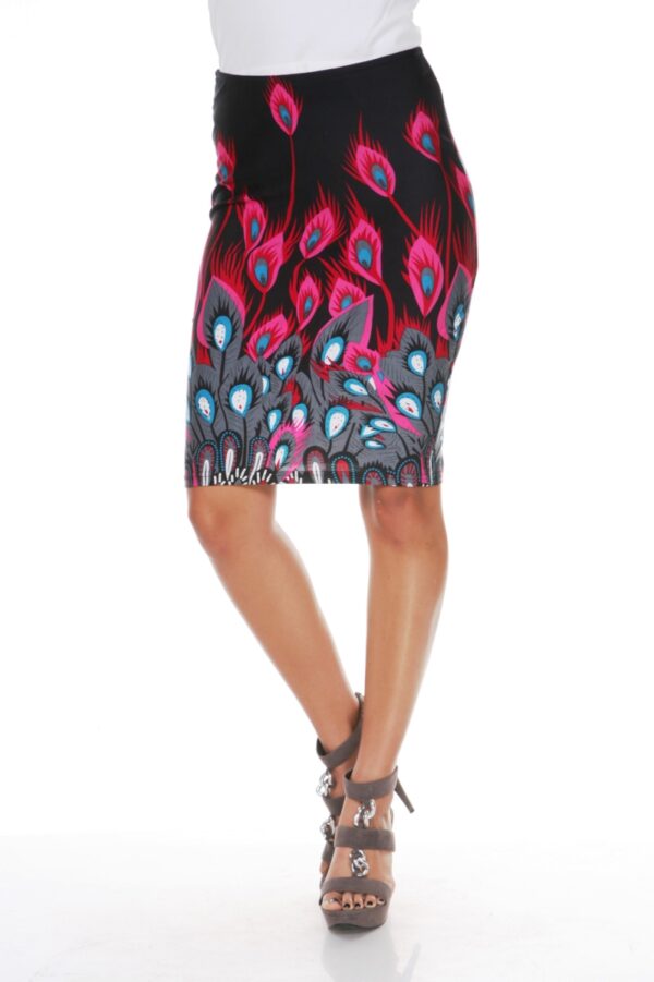 718-109-M Women Polyester Feather Print Pencil Skirt, Peacock Feather - Medium