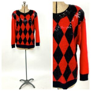 80S Black Red Checked Angora Rabbit Hair Long Iridescent Sequin Beaded Sweater Harlequin Classic Preppy Vintage Silk Lambswool Dress Top