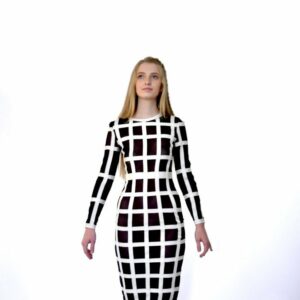 80S Black White Mesh Bandage Windowpane Bodycon Long Sleeve Dress Xs S M Small