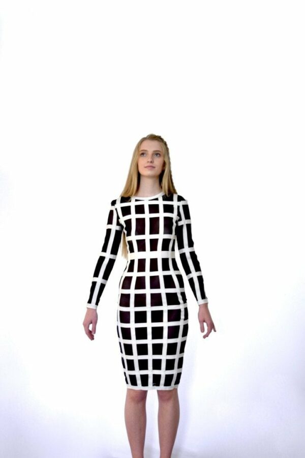 80S Black White Mesh Bandage Windowpane Bodycon Long Sleeve Dress Xs S M Small