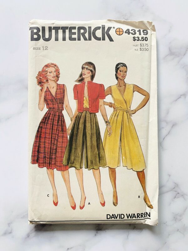 80S Butterick 4319. 34 Bust Uncut Ff. David Warren Jumpsuit Culottes Wrap Dress With Crop Puff Sleeve Jacket. 1980S Vintage Sewing Pattern