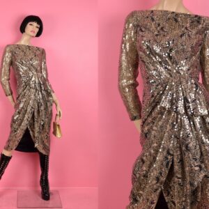 80S Champagne Sequined Lace Dress/ Small/ 1980S/ Tulip Skirt/ Floral