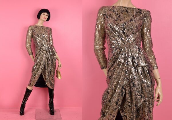 80S Champagne Sequined Lace Dress/ Small/ 1980S/ Tulip Skirt/ Floral