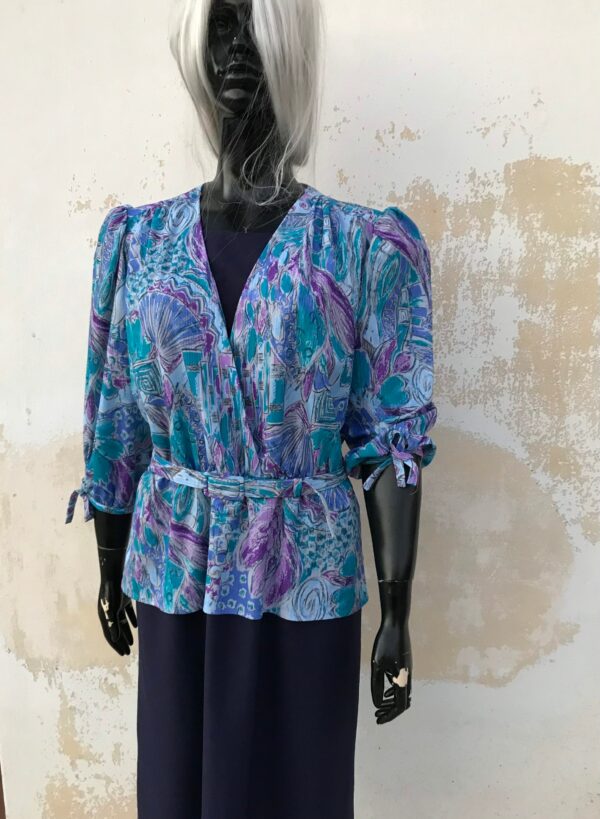 80S Cross Party Kitschy Bold Floral Dress, Featuring Peplum Blouse & Flared Skirt in Watercolored Light Blue Black By Chevry, England