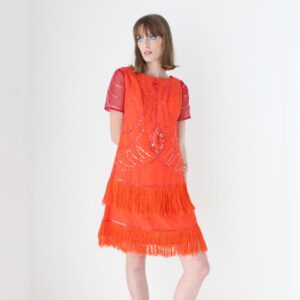 80S Does 20S Flapper Fringe Burlesque/Sequin Tinsel Glitter Metallic Lamé Avant Garde Midi Tee Dress - Gucci Vibes