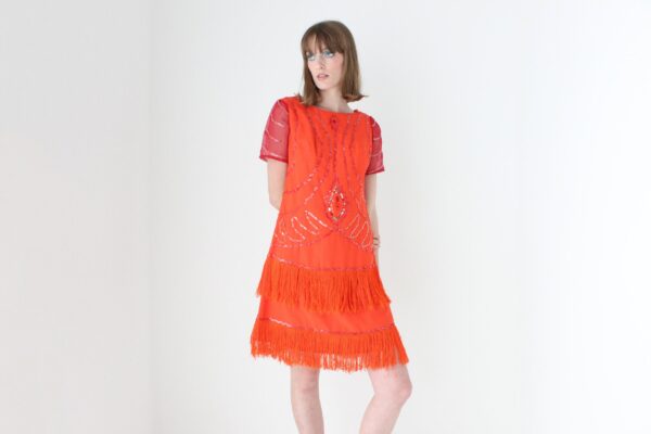 80S Does 20S Flapper Fringe Burlesque/Sequin Tinsel Glitter Metallic Lamé Avant Garde Midi Tee Dress - Gucci Vibes