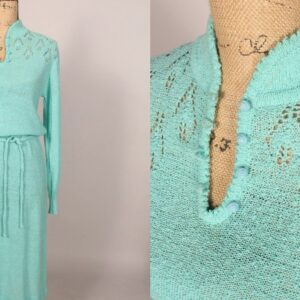 80S Dress // Vintage Mint Green Aqua Blue Knit By Express With Belt Crochet Sweater Size M