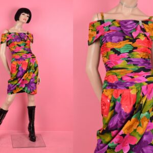 80S Floral Print Tulip Skirt Dress/ Small/ 1980S