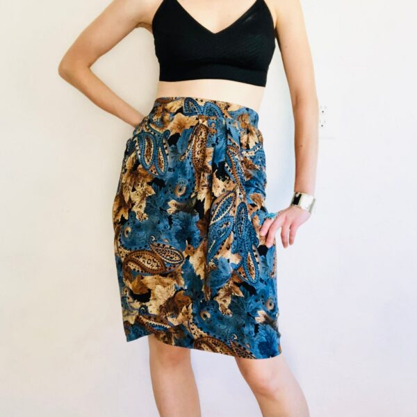 80S Silk Wrap Skirt, Small, Vintage Blue Brown Paisley Floral Print High Waisted Tulip Pleated Skirt