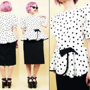 80S Vtg Black & White Polkadot Peplum Puff Sleeve Mini Dress Bow Detail Women's Tag 10 Sm