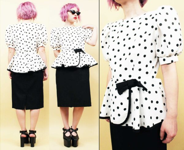 80S Vtg Black & White Polkadot Peplum Puff Sleeve Mini Dress Bow Detail Women's Tag 10 Sm