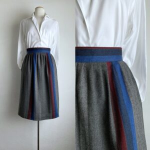 80S Wool Skirt Pleated Full Striped Vintage Knee Length