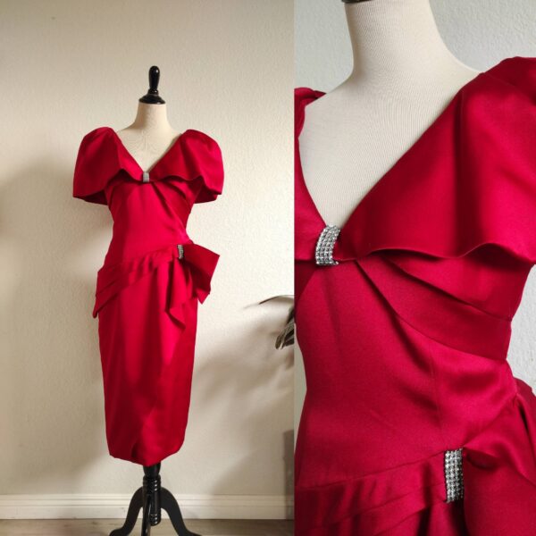 80's Karen Okada For David Howard Huge Puff Sleeves/Bow/Rhinestone Red Asymmetrical Skirt Midi Party Dress Sz M-6/8