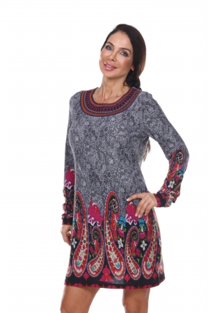 860-01-L Sandrine Embroidered Sweater Dress, Grey - Large