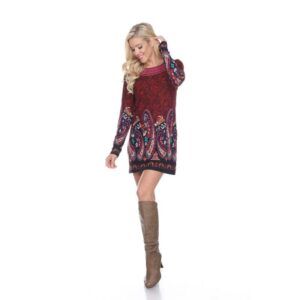 860-05 L Sandrine Embroidered Sweater Dress, Burgundy - Large