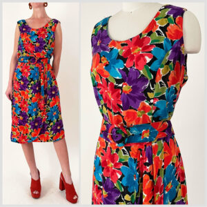 90S Floral Belted Minidress | My Michelle Bright Rayon Sundress With Tulip Skirt Large/Xl