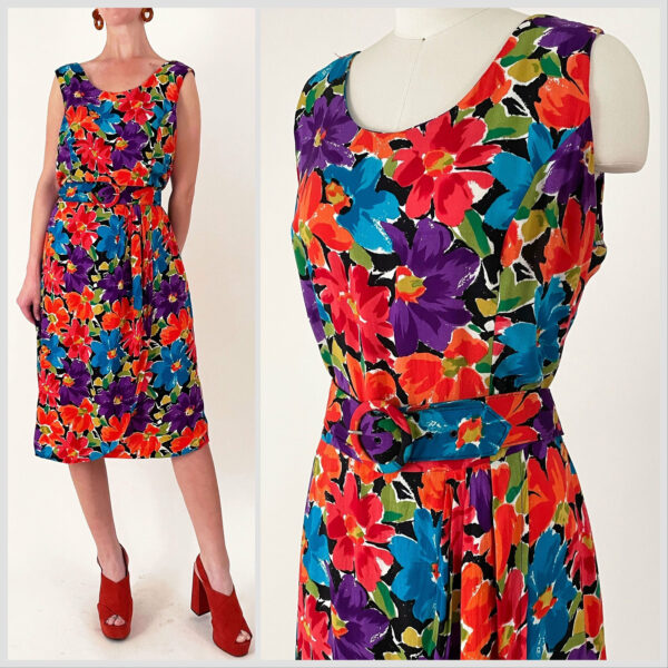 90S Floral Belted Minidress | My Michelle Bright Rayon Sundress With Tulip Skirt Large/Xl