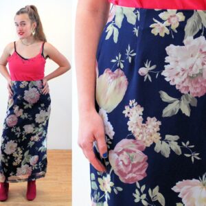 90S Floral Skirt M, Vintage Blue Pink Pastel Peony Tulip Print Chiffon "Ilyza" Side Slits Boho Midi Skirt, Medium