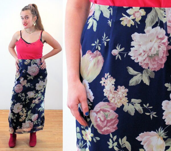 90S Floral Skirt M, Vintage Blue Pink Pastel Peony Tulip Print Chiffon "Ilyza" Side Slits Boho Midi Skirt, Medium