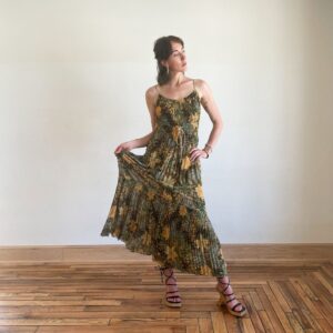 90S Maxi Dress Brown Green Tropical Print Summer Yellow Floral Pleated Full Skirt Waist Tie