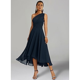 A-Line Blue Wedding Guest Dresses Convertible Infinity Mother Dress Formal Tea Length Sleeveless One Shoulder Chiffon with Ruched 2024