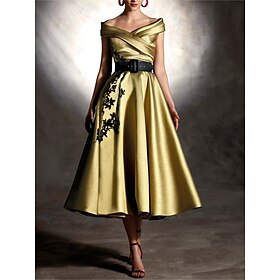 A-Line Cocktail Dresses Elegant Dress Formal Wedding Guest Tea Length Sleeveless Off Shoulder Satin with Pleats Appliques 2024